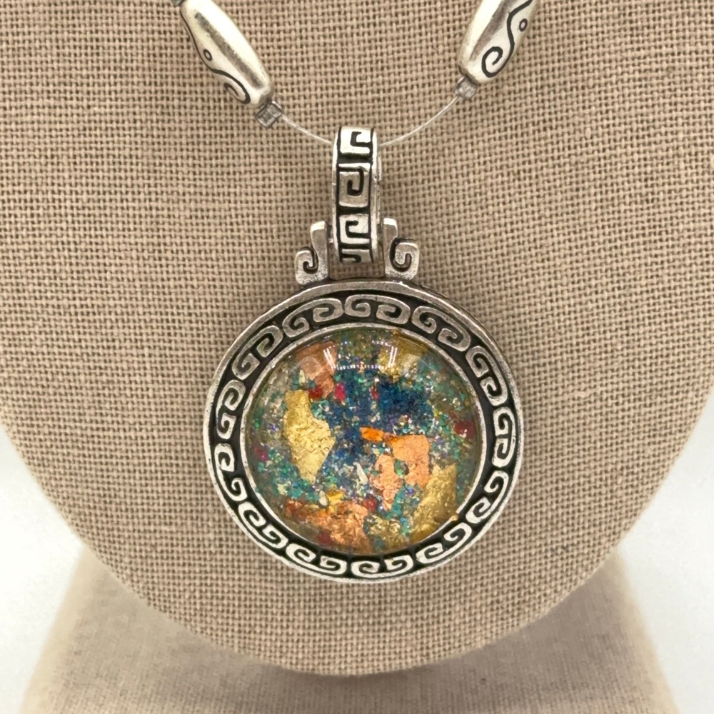 Chico's Pendant Necklace Silver Tone Multicolor Mosaic Foil Earthy Boho Artsy - Picture 3 of 13